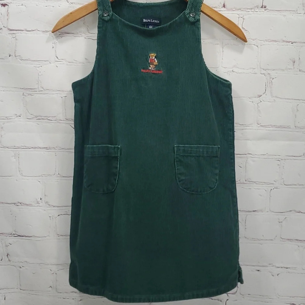 Ralph Lauren Green Corduroy Dress Overall Embroidered Bear Size 6x